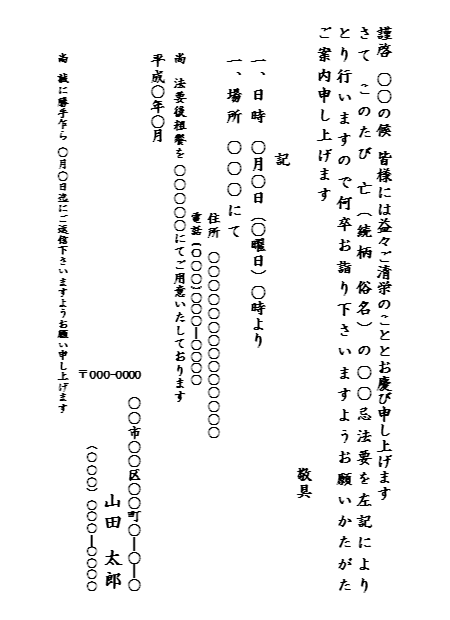 四十九日の案内状の文例